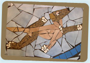 Greg Jaris tile mosaic dog at the Trick Dog Art Gallery, Elberta Michigan
